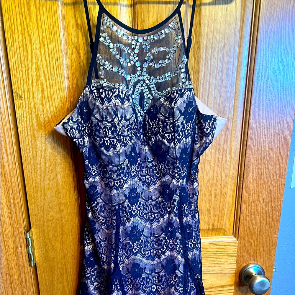 Navy and blush party dress with rhinestones